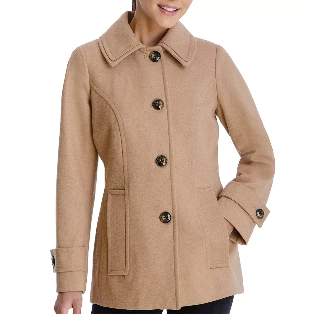 London Fog Womens XL Wool Blend Peacoat Camel Tan Lined Single Breasted Overcoat